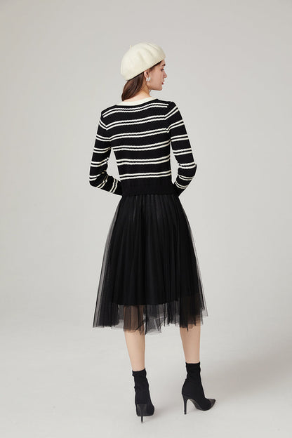 Chanel Striped Knitwear Stitching Mesh Dress Elegant Yarn Dress