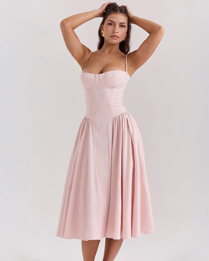 Spaghetti Strap Corset Bodice Basque Waist Pleated A-Line Midi Dress