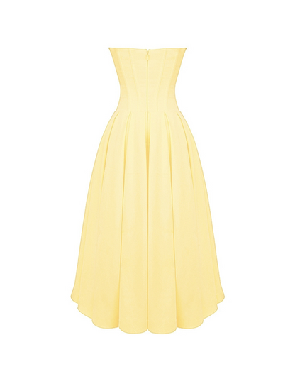 Strapless Corset Sweetheart Neckline Box Pleat A-Line Midi Dress