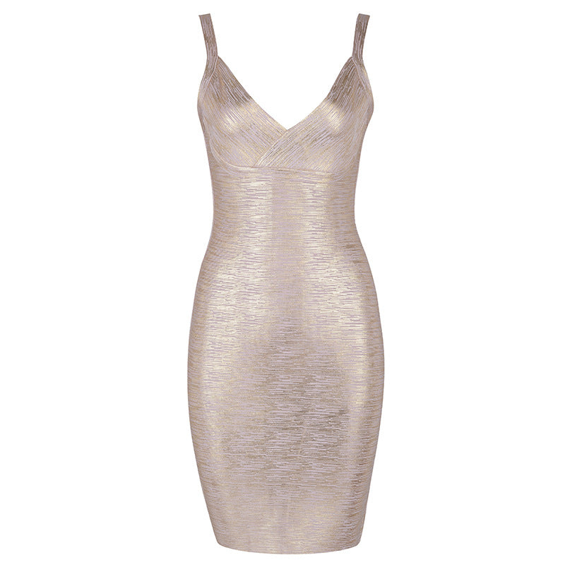 Clothes Bandage One Piece Dress Elegant Gold V neck Evening Dress
