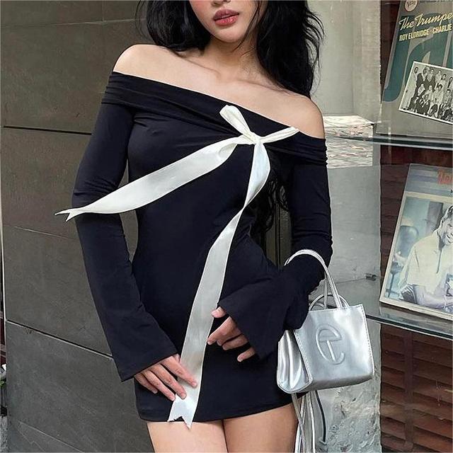Long Sleeve off Shoulder Bow Sheath Dress