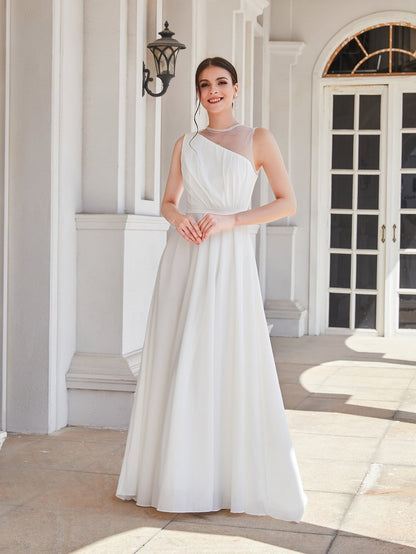 One Shoulder Illusion Mesh Panel Ruched Bodice A-Line Maxi Dress