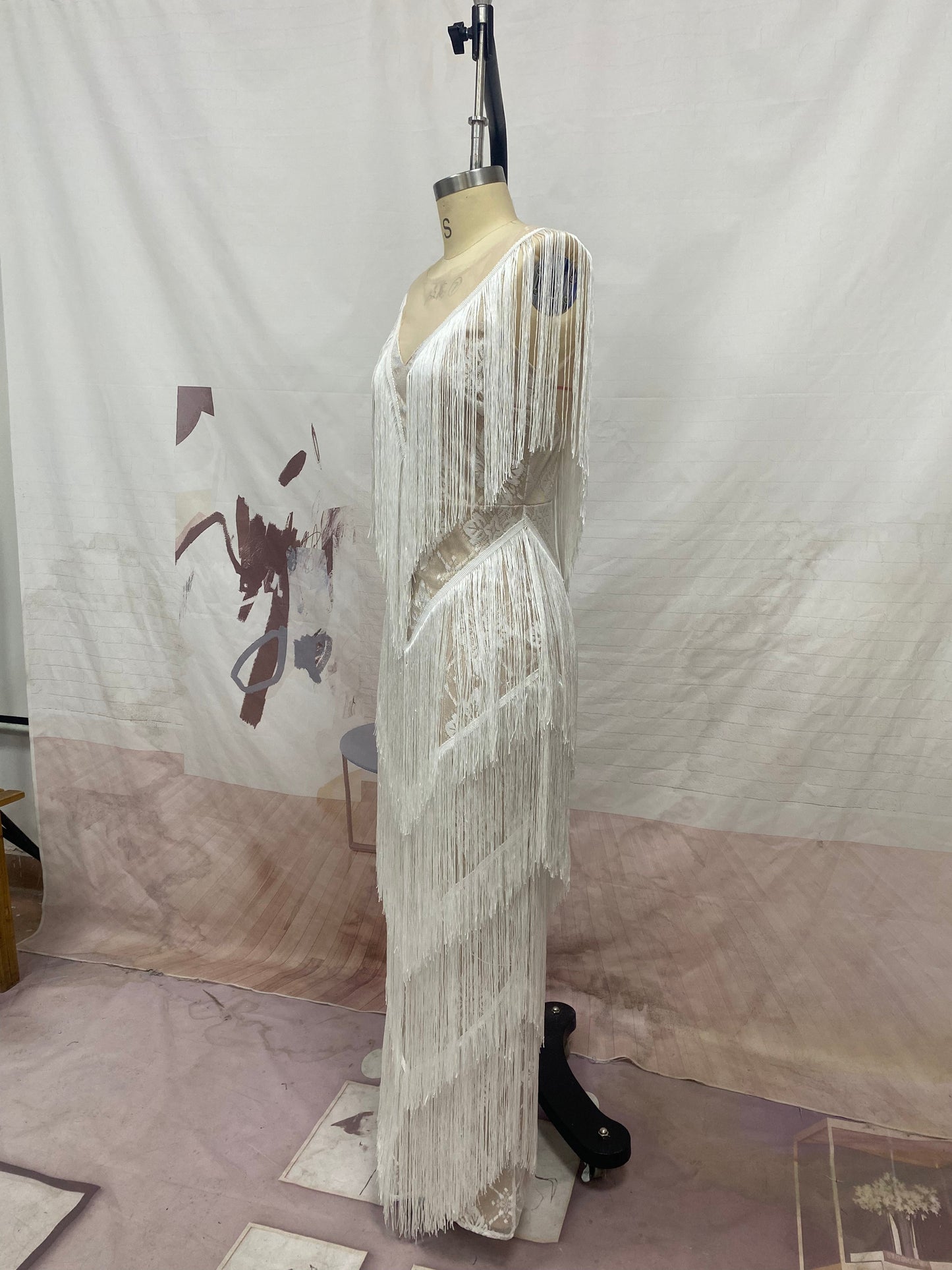 Deep V-Neck Sequin Geometric Fringe Tiered Maxi Gown
