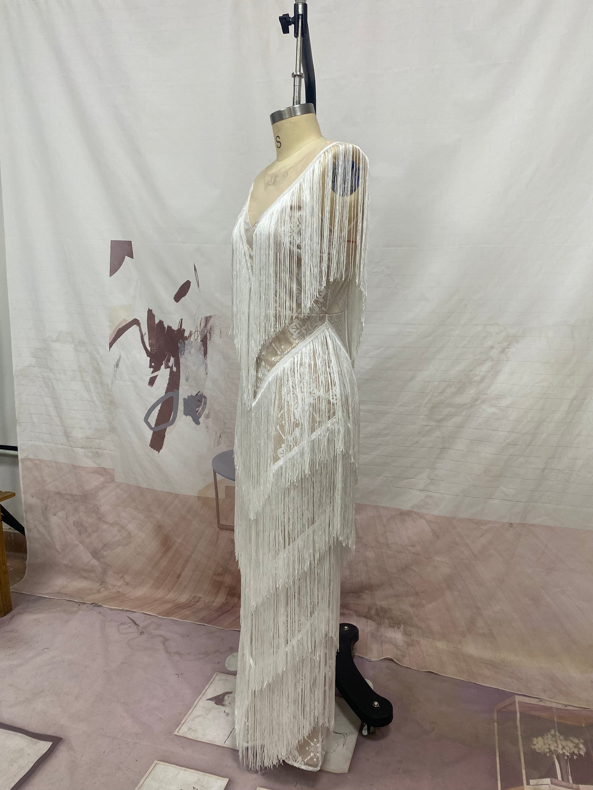 Deep V-Neck Sequin Geometric Fringe Tiered Maxi Gown