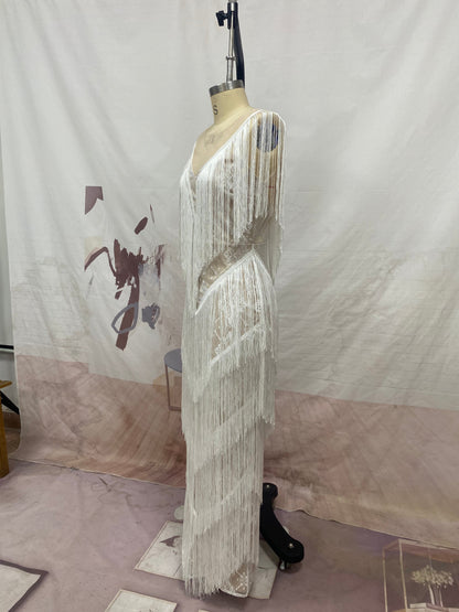 Deep V-Neck Sequin Geometric Fringe Tiered Maxi Gown