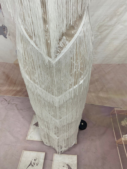 Deep V-Neck Sequin Geometric Fringe Tiered Maxi Gown