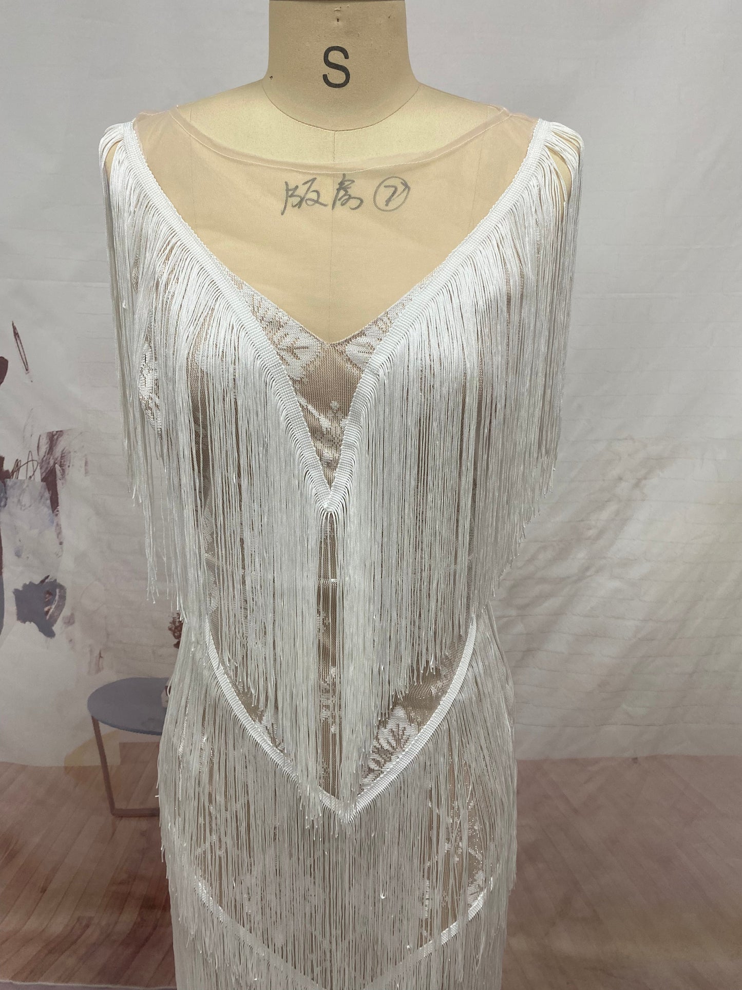 Deep V-Neck Sequin Geometric Fringe Tiered Maxi Gown