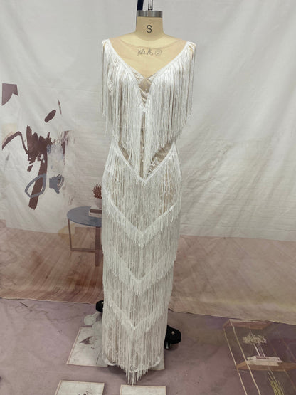 Deep V-Neck Sequin Geometric Fringe Tiered Maxi Gown