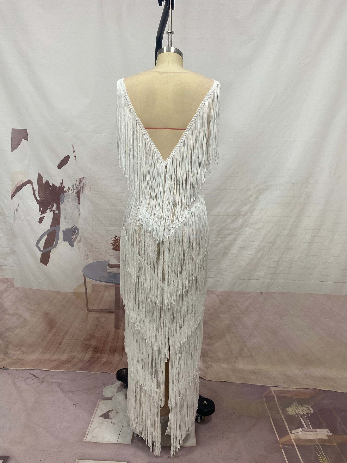 Deep V-Neck Sequin Geometric Fringe Tiered Maxi Gown