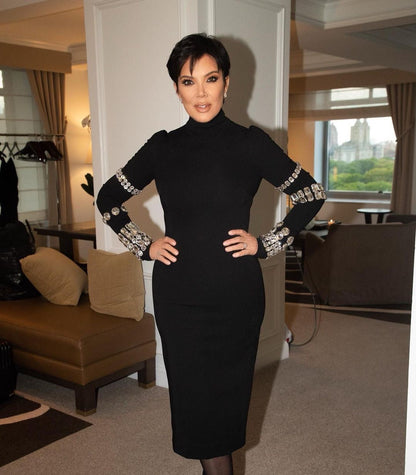 Black Heavy Industry Rhinestone Long Sleeve Turtleneck Bandage One Piece Dress Slim Fit Slimming Knitted round Neck Winter