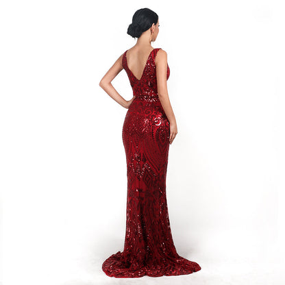 Evening Dress V-neck Sleeveless Sequined Geometric Abstract Vintage Backless Elegant Maxi Reflective Dress Formal Gown