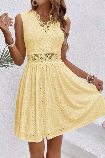 Sleeveless V-Neck Crochet Lace Waistband Eyelet Panel A-Line Mini Dress