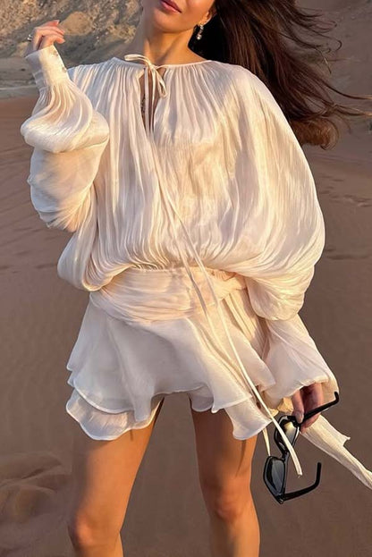 Ninah Glitter Fabric Pleated Balloon Sleeve Tiered Ruffle Hem Mini Dress