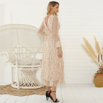 Long Sleeve Sequin Tassel Full-length Dress