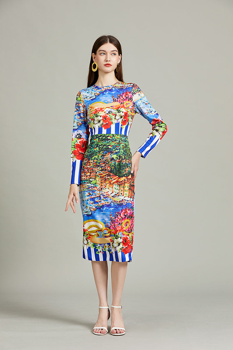 Positioning Striped Landscape Slim-fit Hip dress High Waist Crewneck Long sleeved Dress
