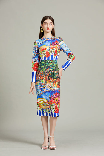 Positioning Striped Landscape Slim-fit Hip dress High Waist Crewneck Long sleeved Dress