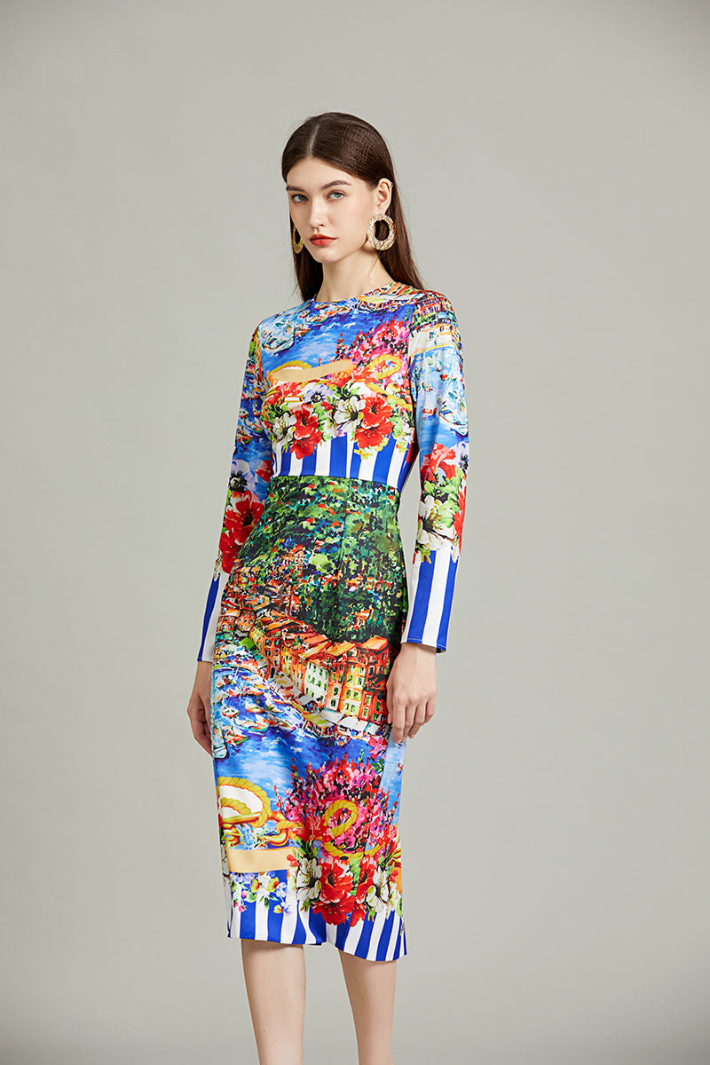 Positioning Striped Landscape Slim-fit Hip dress High Waist Crewneck Long sleeved Dress