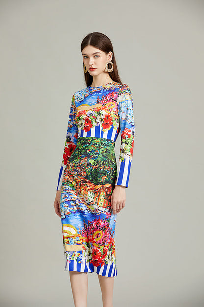 Positioning Striped Landscape Slim-fit Hip dress High Waist Crewneck Long sleeved Dress