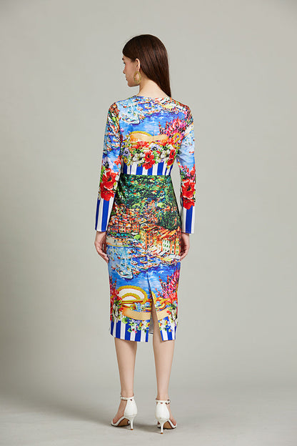 Positioning Striped Landscape Slim-fit Hip dress High Waist Crewneck Long sleeved Dress