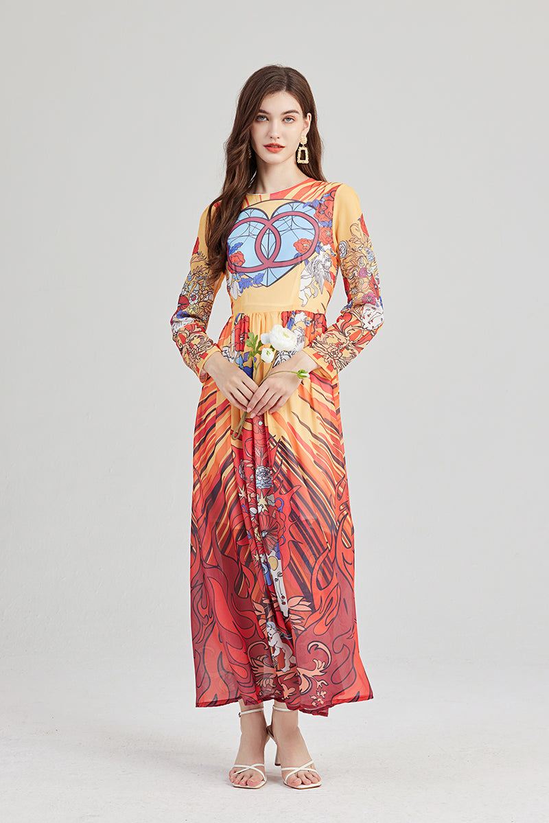 Arrival Angel Print Lightweight Imitation Chiffon dress Round Neck Large Swing A line Dress