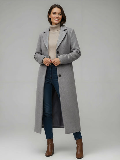 Woolen Long Straight Coat With Single-Breasted And Classic Notch Lapel For Women 2026