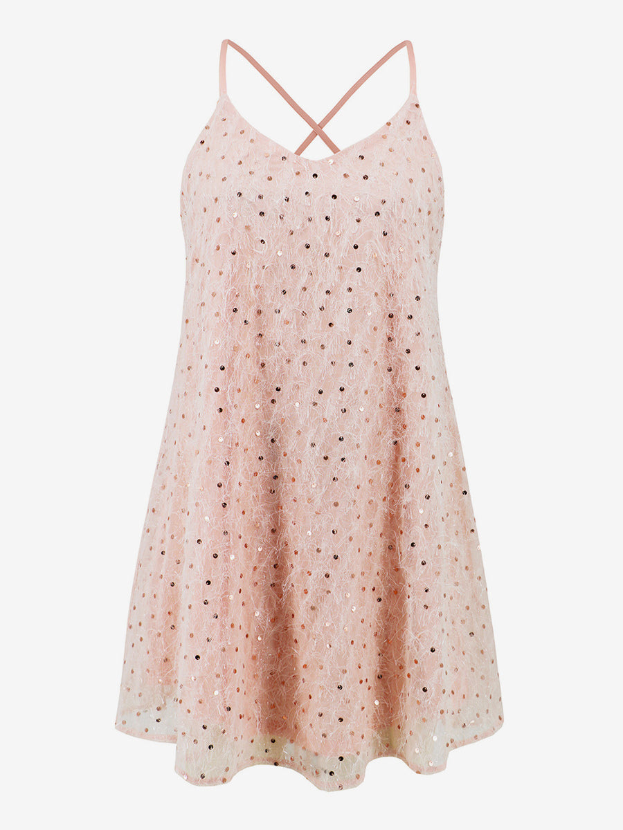 Sequined Dress Spaghetti Strap Crossover Back Sexy Birthday Party Mini Dresses