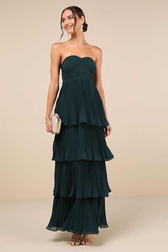 Strapless Sweetheart Ruched Tiered Pleated Maxi Gown