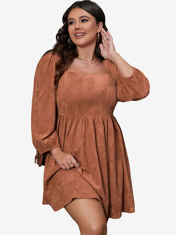 Plus Size Mini Dress Square Neck Backless Day Dresses In Dark Brown