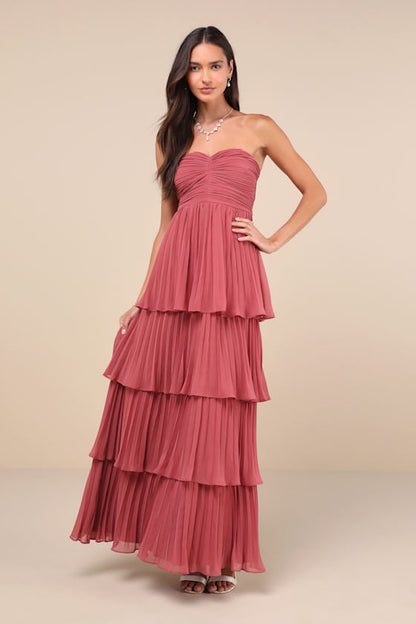 Strapless Sweetheart Ruched Tiered Pleated Maxi Gown
