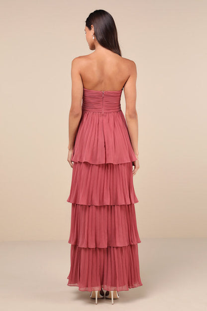 Strapless Sweetheart Ruched Tiered Pleated Maxi Gown