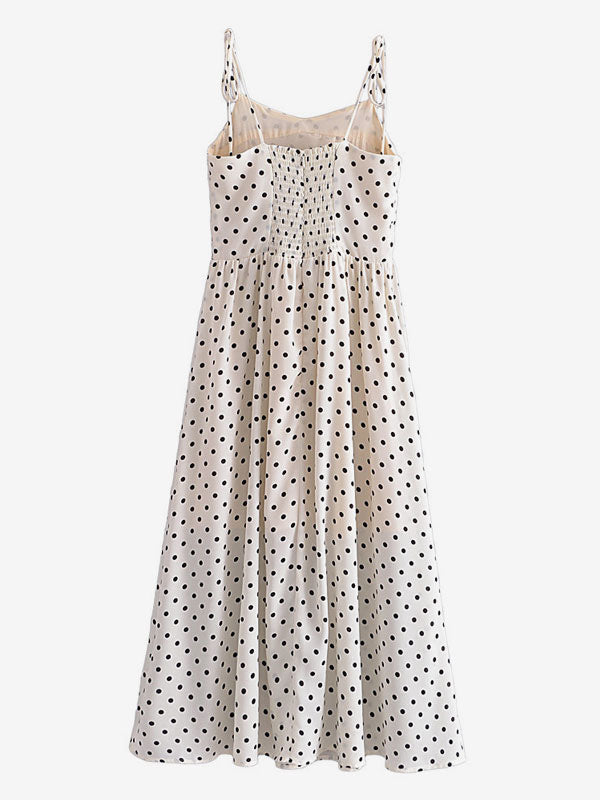 Summer Midi Dress White Straps Neck Pleated Polka Dot Beach Dress
