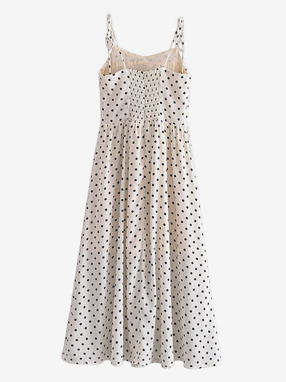 Summer Midi Dress White Straps Neck Pleated Polka Dot Beach Dress