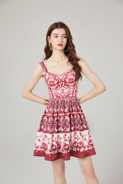 Positioning Printed Stitching Slim-fit High Waist dress Strap A line Dress