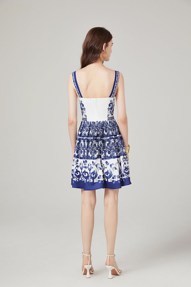 Positioning Printed Stitching Slim-fit High Waist dress Strap A line Dress