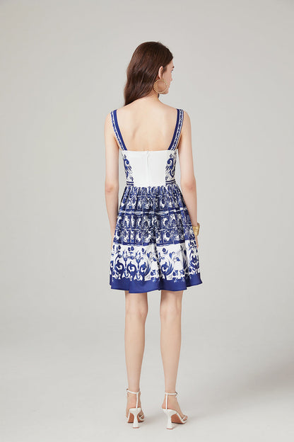 Positioning Printed Stitching Slim-fit High Waist dress Strap A line Dress