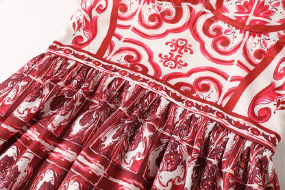 Positioning Printed Stitching Slim-fit High Waist dress Strap A line Dress
