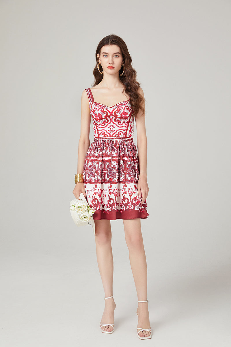 Positioning Printed Stitching Slim-fit High Waist dress Strap A line Dress