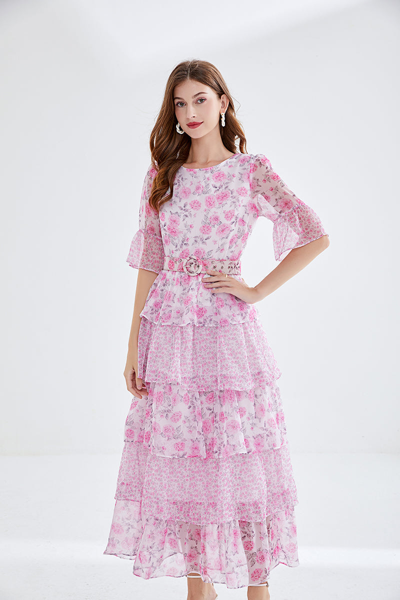 Printed Horn Sleeve 5 Layer Cake dress Silk Large Dress