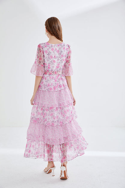 Printed Horn Sleeve 5 Layer Cake dress Silk Large Dress