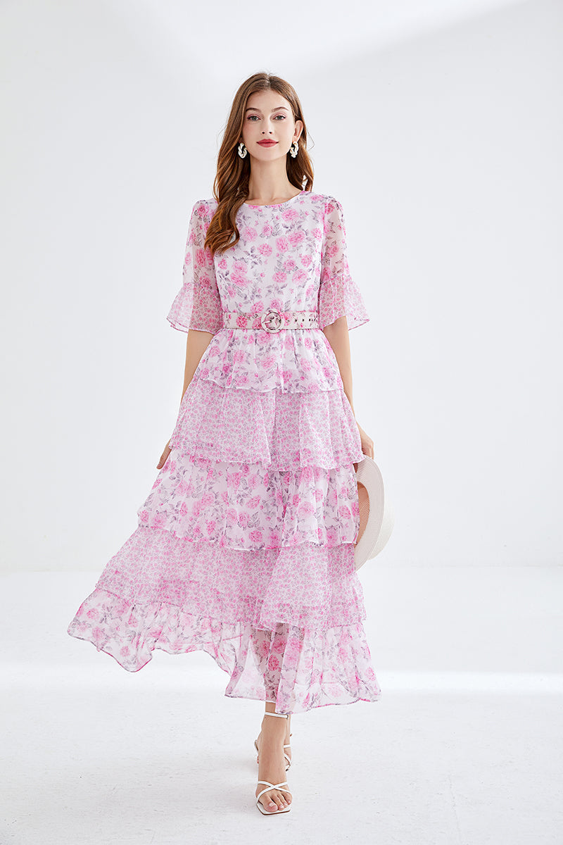Printed Horn Sleeve 5 Layer Cake dress Silk Large Dress