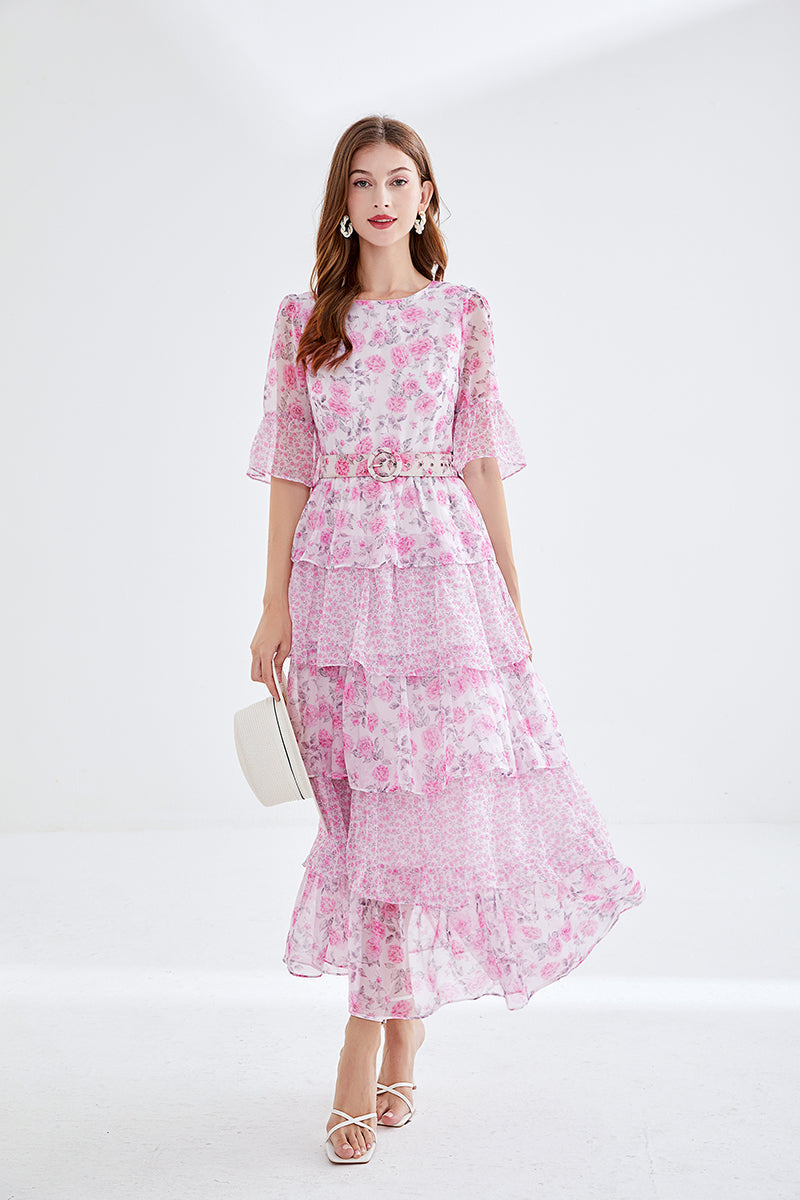 Printed Horn Sleeve 5 Layer Cake dress Silk Large Dress