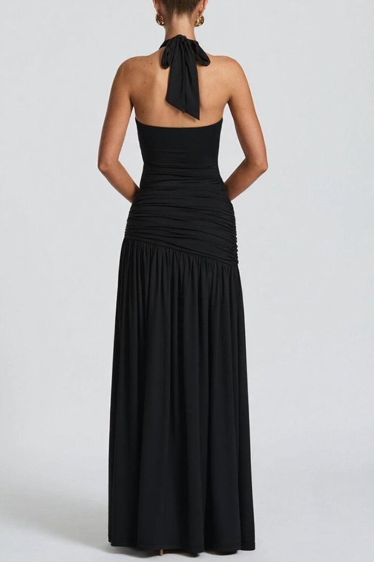Halter Plunging Neckline Ruched Hip Seashell Brooch High Slit Maxi Dress