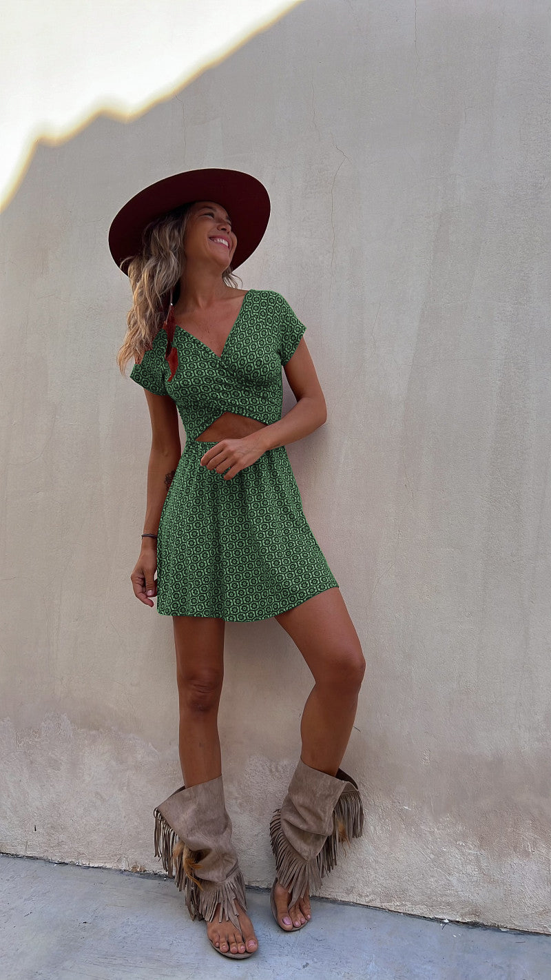 State of Bliss Printed Hollow Reversible Two Ways Stretch Mini Dress