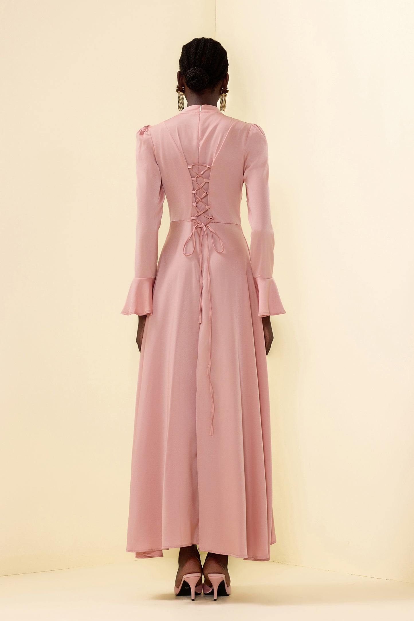 Satin Stand Collar Ball Sleeve Midi Dress