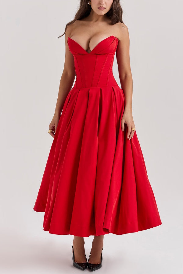 Strapless Corset Sweetheart Neckline Pleated Full Skirt Midi Dress
