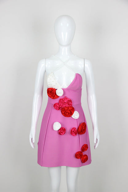Pearl Suspender Slimming Floral Bandage One Piece Dress Short Bandage Dress for