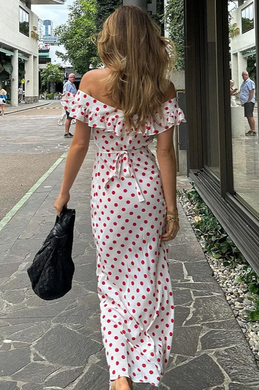 Polka Dot Off-Shoulder Ruffle Neckline Fitted Waist Flowy Maxi Dress
