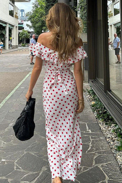 Polka Dot Off-Shoulder Ruffle Neckline Fitted Waist Flowy Maxi Dress
