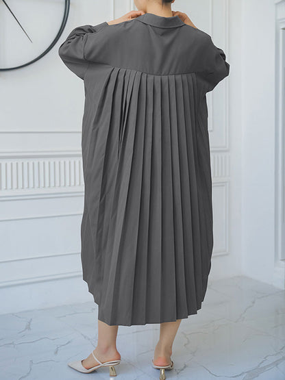 Loose Three-quarter Sleeves Buttoned Split-side Lapel Midi Dresses Shirt Dress