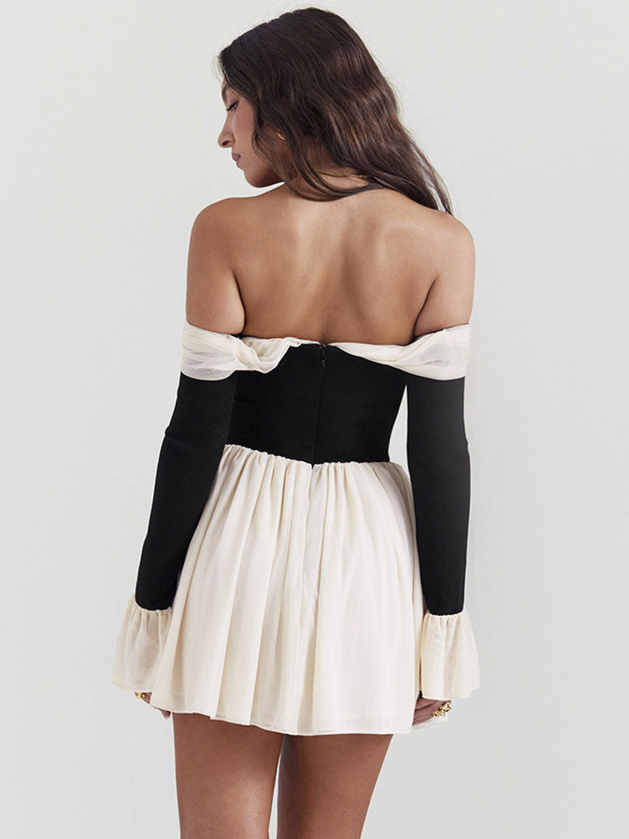 Ruffles Trim Flared Dress Off Shoulder Backless Two-Tone Mini Dresses